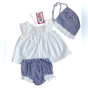 3 Piece Dress Outfit. 0-3 Months. Girls. Gingham And Lace. Bonnet. Cotton Blend